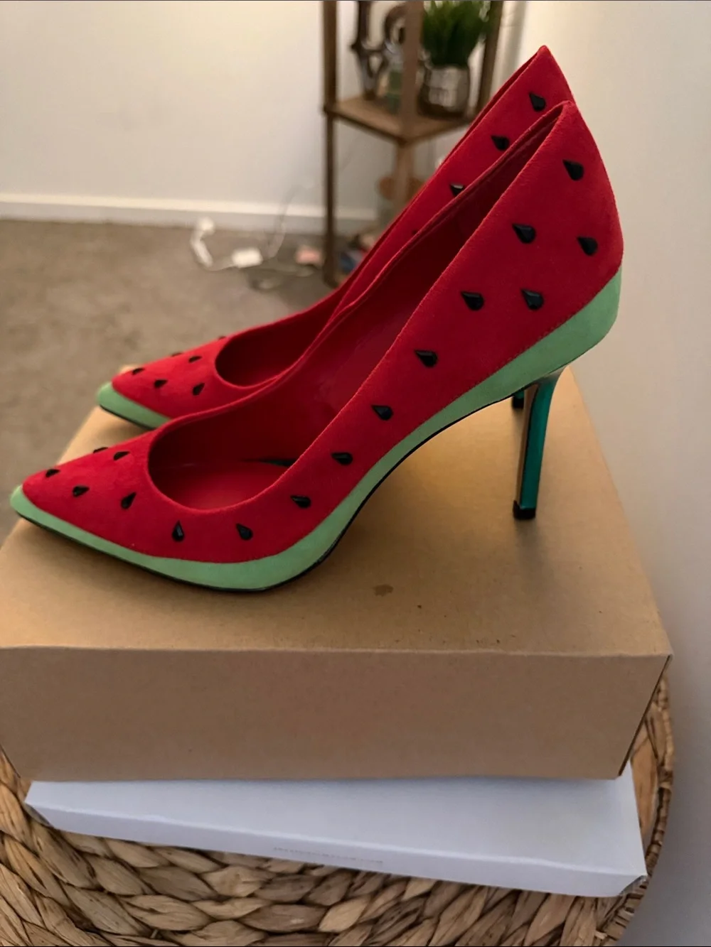 Katy Perry Collections Red Suede Pointed Toe Pumps with Green Tip